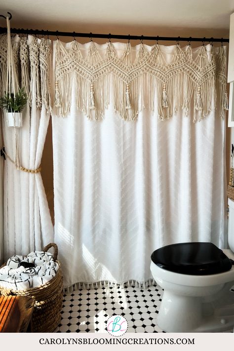 How To Create DIY Macrame Shower Curtain Accents — DIY Home Improvements Carolyn's Blooming Creations Macrame Shower Curtain, Towel Holder Diy, Diy Home Improvements, Diy Macramé, Diy Shower Curtain, Makramee Diy, Ikea Curtains, Abstract Shower Curtain, Eclectic Living