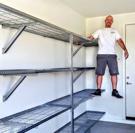 Garage Shelving Ideas, Metal Garage Shelves, Heavy Duty Garage Shelving, Pallet Deck Diy, Garage Wall Shelving, Diy Garage Work Bench, Garage Racking, Garage Shelving Units, Diy Garage Storage Cabinets