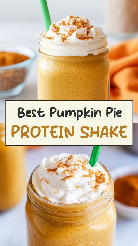 Indulge in the delicious flavors of fall with this satisfying pumpkin pie protein shake recipe. Packed with protein and all the warm spices you love, this creamy shake makes for a perfect post-workout snack or a nutritious breakfast on-the-go. Start your day off right and satisfy your pumpkin cravings with a sip of this delightful treat. Easy to make and oh-so-tasty, this shake is guaranteed to become your new autumn favorite! Keto Pumpkin Shake, Pumpkin Cheesecake Protein Shake, Premier Protein Pumpkin Shake, Premier Pumpkin Protein Shake Recipes, Premier Shake Recipes, Premier Protein Pumpkin Spice Recipes, Pumpkin Spice Protein Coffee, Oatmeal Shake Recipes, Pumpkin Protein Recipes