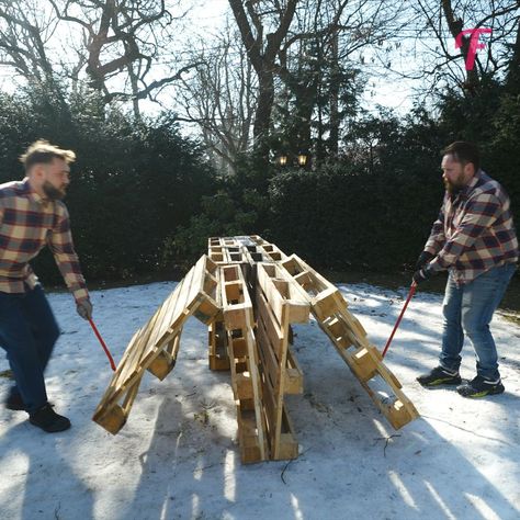 DIY project turns old pallets into stunning A-frame cabin | backyard, log cabin, pallet | Cozy backyard getaway built from repurposed wooden pallets. | By Fabiosa Daily | Facebook A Frame Pallet House, Pallet A Frame Cabin, A Frame Greenhouse, Pallet Construction, Log Furniture Diy, Pallet House Plans, Diy A Frame Cabin, Pallet Cabin, Tiny A Frame Cabin