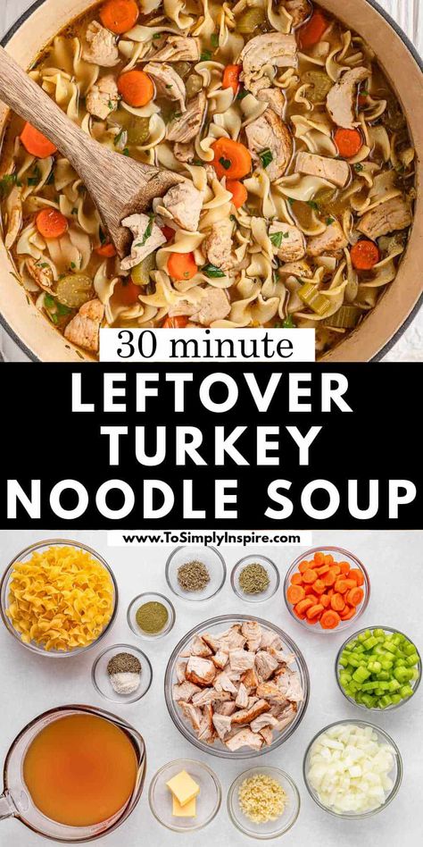 Packed with tender turkey, egg noodles, and a medley of simple vegetables, this turkey noodle soup recipe comes together quickly in one pot and is a perfect way to use up leftover turkey meat from holiday dinners. Turkey Noodle Soup With Reames Noodles, Soup Recipes With Turkey Meat, Recipes With Turkey Meat, Turkey Noodle Soup Homemade, Turkey Egg Noodles, Leftover Turkey Noodle Soup, Recipes With Turkey, Kid Friendly Dinner Recipes, Turkey Vegetable Soup