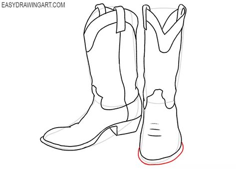 How to Draw Cowboy Boots - Easy Drawing Art Cowboy Boot Drawing Reference, How To Draw Boots Side View, Cowboy Boots Sketch, How To Draw Cowboy Boots, Boots Reference Drawing, Cowgirl Boots Drawing, Boots Drawing Reference, Cowboy Boot Drawing, Cowboy Boots Drawing