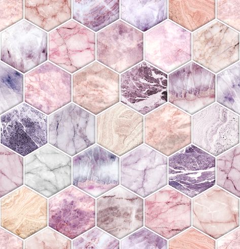 Rose Quartz Amathyst Stone & Marbled Hexagon Tiles Quartz Tiles, Wallpaper Gift, Cheap Countertops, Hexagon Tiles, Fabric Roses, Marble Stones, Colour Schemes, Amethyst Stone, Quartz Stone