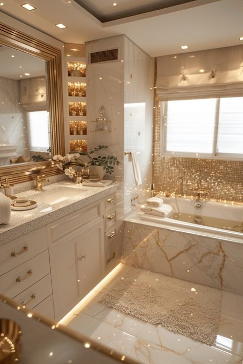 29 Luxurious Gold Bathroom Decor Ideas for a Glamorous Touch 2 House With Gold Fixtures, House With Gold Accents, Bathroom Ideas Gold And White, Gold Bathroom Aesthetic, Luxurious Bathroom Decor Ideas, White Bathroom Luxury, Elegant Bathroom Luxury Modern, Soft Gold Aesthetic, White And Gold Bathroom Ideas