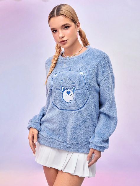 SHEIN X Care Bears Women's Fluffy Bear Embroidery Drop Shoulder SweatshirtI discovered amazing products on SHEIN.com, come check them out! Fluffy Bear, Flannel Robe, Drop Shoulder Sweatshirt, Bear Embroidery, Winter Streetwear, Dropped Shoulder Sweatshirt, Face Print, Womens Baseball Cap, Casual Stripes