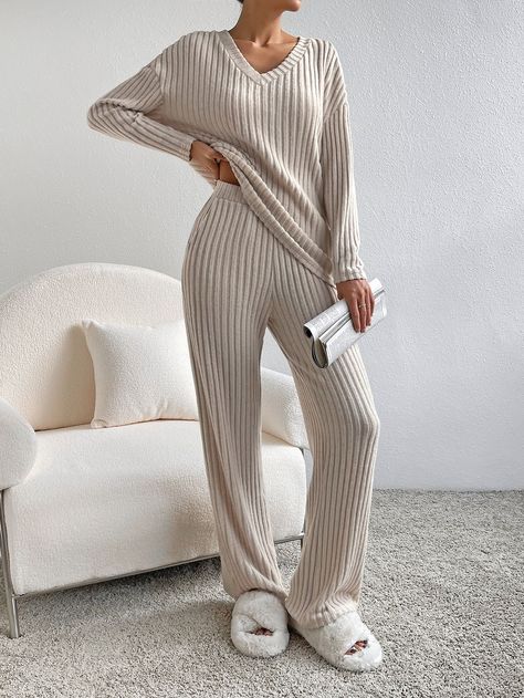 Drop Shoulder Tee & Trousers Lounging Outfit, V Neck Shirts, Vest Crop Top, Knit V Neck, Lounge Outfit, Top And Pants Set, Top Pants Set, Straight Trousers, Sleepwear & Loungewear