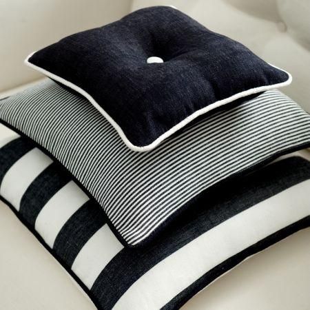 Clarke and Clarke -  Riviera Fabric Collection - Black and white striped cushions on white upholstery Black And White Cushions, Clarke And Clarke Fabric, White Upholstery, Upholstery Cushions, Striped Cushions, Black Cushions, Black And White Decor, Pillow Styling, Black And White Fabric