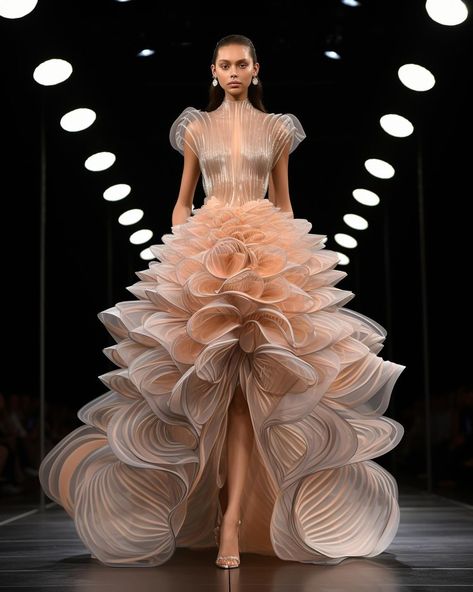 Avante Garde Ball Gown, Avantgarde Fashion Dresses, Unique Dress Designs Fashion, Avangard Style, Harmony In Fashion, Avangard Fashion, Pastel Gown, Pleated Organza, Unusual Dresses