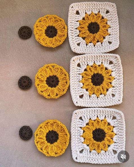 Crochet Sunflower Bucket Hat, Sunflower Granny Square Pattern Free, Sunflower Crochet Pattern, Sunflower Granny Square Pattern, Sunflower Coaster, Sunflower Crochet, Granny Square Crochet Patterns Free, Crochet Tutorial Pattern, Quick Crochet Patterns