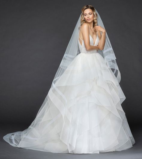 Style V859  Aldridge Ivory two-tier cathedral veil with double horsehair trim. Matches styles: Aldridge, Tulua Horsehair Veil, Hayley Paige Bridal, Color Veil, Hayley Paige Wedding Dress, Wedding Dresses Whimsical, How To Dress For A Wedding, Pink Wedding Dress, Hayley Paige, Trendy Wedding Dresses