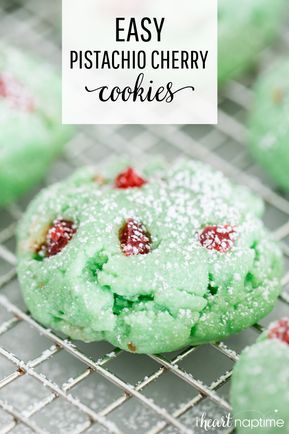 Christmas Cookies 2022 Ideas, Christmas Cookies With Red And Green Cherries, Pistachio And Cherry Cookies, Pistachio Pudding Cookies Easy, Candied Cherry Recipes, Coconut Cake Cookies, Christmas Cookies Cherry, Foods For Christmas Dinner, Pistachio Cookies Pudding