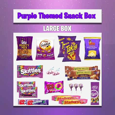 Purple Gift Box Purple Themed Snack Care Package Thinking | Etsy Purple Color Theme Party Basket, Purple Basket For Color Party, Purple Packaged Snacks, Color Party Ideas For Adults Purple Basket, Purple Gift Box Ideas For Him, Purple Color Party Basket, Purple Gift Basket Ideas For Him, Color Party Basket Ideas Purple, Black Basket Ideas For Color Party