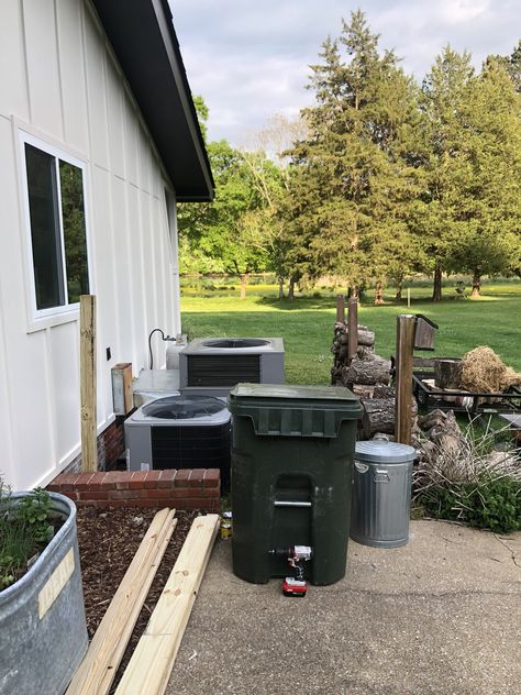 Easy DIY AC Unit Cover with Garbage Can Storage Conceal Ac Unit, Hiding Ac Unit Outside, Hiding Trash Cans Outside, Garbage Can Storage Outdoor Diy Easy, How To Hide Ac Unit Outside, Hide Garbage Cans Outside, Hide Ac Unit Outside, Hide Trash Cans Outside, Diy Ac Unit Cover