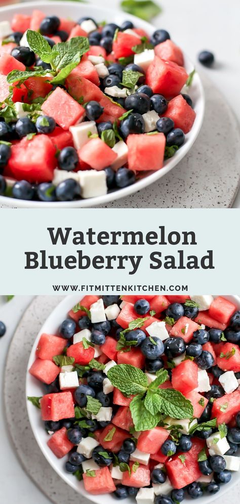 This Blueberry Watermelon Salad with feta cheese & mint is the perfect summer salad recipe. Everyone always loves the combination of flavors here! Fruit salad is the perfect light and refreshing side for summer. Vegan friendly by omitting the feta. (Or use dairy free vegan feta!) Easy and delicious! Watermelon Blueberry Mint Salad, Watermelon Salad With Feta Cheese Mint, Watermelon Blueberry Feta Salad, Blueberry Peach Feta Salad, Watermelon Salad With Feta Cheese, Blueberry Salad Recipes, Salad With Feta Cheese, Salmon Baked, Vegan Feta