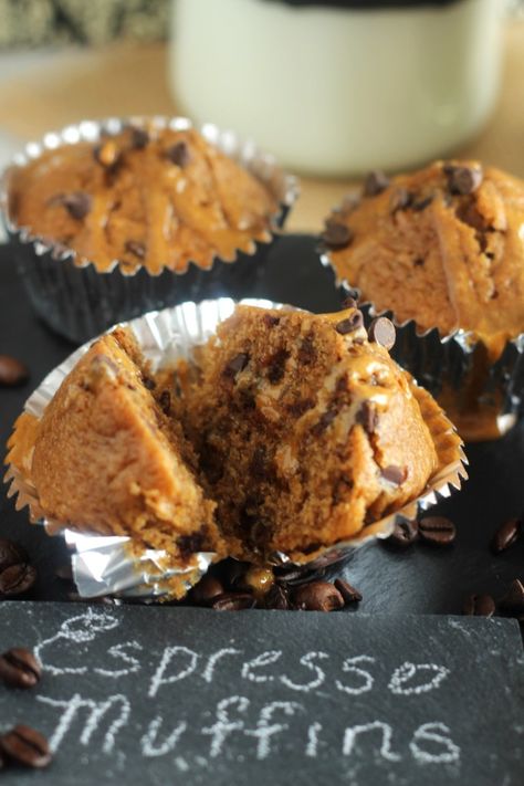 Espresso Chocolate Chip Muffins | gatherforbread.com Espresso Muffins, Chocolate Chips Muffins, Cake Mix Muffins, Bran Muffin Recipes, Savory Breads, Sweet Breakfast Treats, Sweet Muffin, Homemade Muffins, Chocolate Espresso