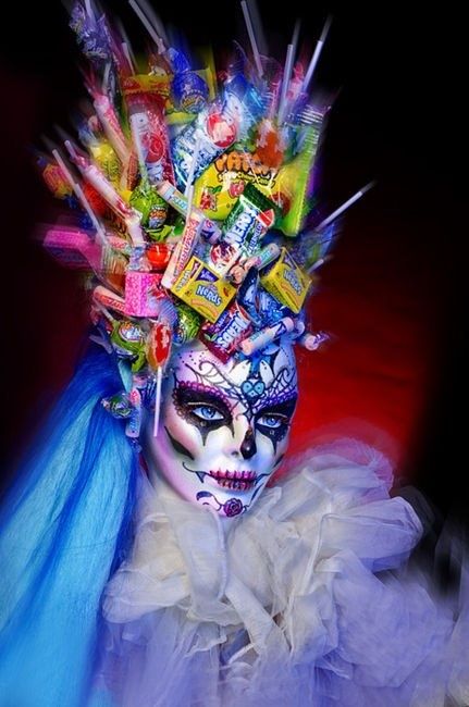 Candy Candy Headpiece, Insane Makeup, Day Of The Dead Celebration, Candy Photoshoot, Drag Make-up, Candy Makeup, Candy Costumes, Crazy Hats, Candy Girl