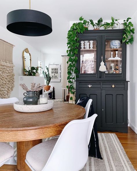 Megan Schlachtenhaufen on Instagram: “Happy Wednesday! Soaking up the last few weeks of Summer break over here. The mornings are turning chilly already and I had to switch my…” Dining Room With Hutch, Deck Door, Black China Cabinet, Boho Dining Room, Dining Room Cabinet, Dining Room Hutch, Black Dining Room, Dining Room Inspiration, Small Dining