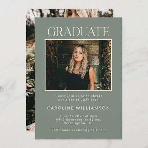 Elegant Chic Sage Green Two Photo Graduation Party Invitation Graduation Party Sage Green, Grad Party Ideas Sage Green, Sage Green Graduation Party, Green Graduation Party, Birthday 22, College Grad Party, Grad Party Invitations, Graduation Invitations High School, Gold Graduation Party