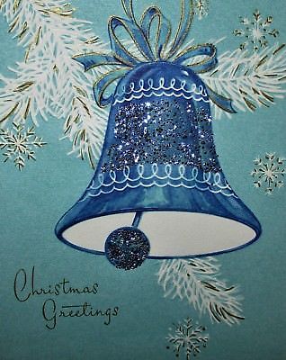 Vintage BLUE GLITTERED Bell Christmas Greeting Card Embossed Gold Accents Christmas Vintage Cards, Xmas Bells, Christmas Tree Scent, Christmas Ephemera, Vintage Christmas Images, Merry Christmas Vintage, Vintage Xmas, Christmas Graphics, Old Christmas