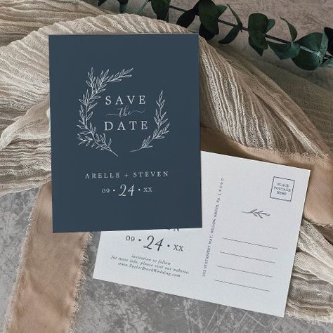 $1.95 | Minimal Leaf | Slate Blue Save the Date #elegant save the date announcement, modern wedding save the dates, botanical save the date, classic whimsical minimalist leaves k102, greenery wreath save the date, rustic save the date postcard, simple save the date postcard, slate blue save the date, steel aegean gray blue fall, dark navy blue white summer Blue Save The Date, Classic Minimalist Style, Rustic Save The Dates, Save The Date Postcard, Date Invitation, Save The Date Postcards, Save The Date Invitations, Free Birthday Invitation Templates, Free Birthday Invitations