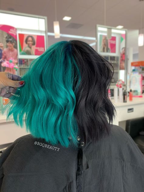 Half teal half black textured bob Half Black Half Teal Hair, Teal Color Block Hair, Teal Split Dye Hair, Half Teal Half Black Hair, Half And Half Colored Hair, Half Blue Half Black Hair, Teal Hair Streaks, Teal And Black Hair, Black And Teal Hair