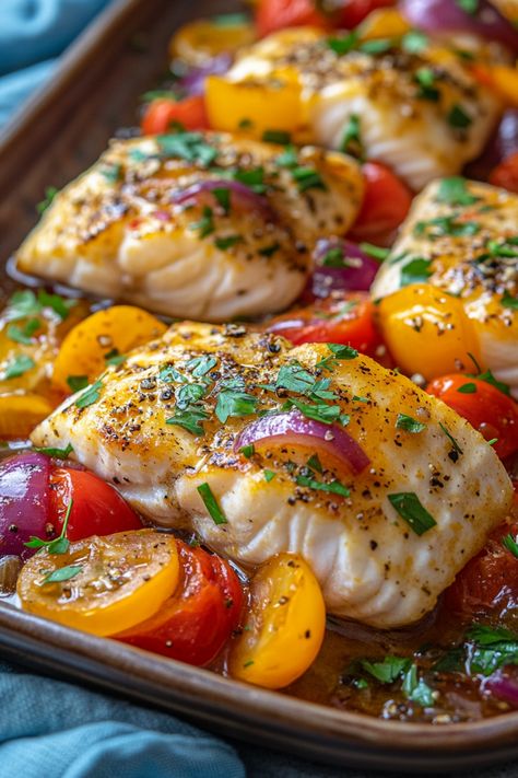 Baked white fish fillets topped with chopped herbs and served with roasted cherry tomatoes and red onions. How Long To Cook Halibut In Pan, Halibut Tomato Recipes, Halibut Filet Recipes, Halibut Pasta Recipes, Broiled Halibut Recipes, Cooking Halibut In The Oven, Fresh Halibut Recipes, Halibut Fish Recipes, Mediterranean Halibut Recipes