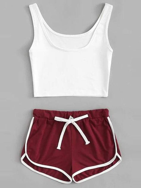 SheinShein Plus Solid Crop Top With Contrast Trim Drawstring Shorts Cute Sleepwear, Cute Lazy Outfits, Lazy Outfits, Crop Top Outfits, Crop Top And Shorts, Cropped Tops, Scoop Neck Top, Sporty Outfits, Drawstring Shorts