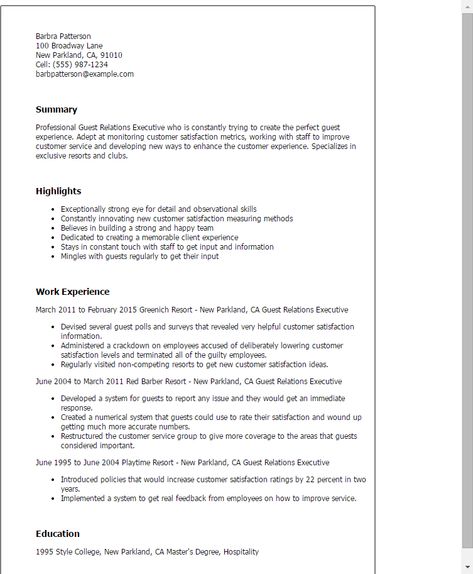 Professional Guest Relations Executive Templates to Showcase Your Talent | MyPerfectResume Unique Resume Template, Unique Resume, Good Resume Examples, Client Service, Executive Resume, Manager Resume, Resume Skills, Business Analyst, Best Resume