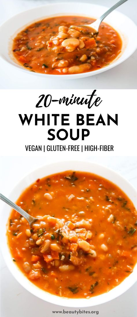 20-Minute Bean Soup - Cozy and Warming Vegan Recipe - Beauty Bites Healthy Bean Soup Recipes, Healthy Bean Soup, Vegan Bean Soup, High Fiber Dinner, Fiber Meals, High Fiber Recipes, Soup Cozy, Easy Healthy Soup, Inflammatory Meals