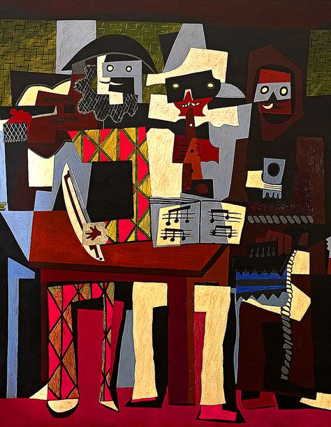 https://flic.kr/p/aeo5Mh | Pablo Picasso - Three Musicians [1921] | The three musicians and dog conjure a bygone period of bohemian life, enjoyed here by Picasso in the guise of a Harlequin flanked by two figures who may represent poet–friends of the artist's: Guillaume Apollinaire, who was recently deceased, and Max Jacob. The patterned flatness of the work is derived from cut–and–pasted paper, and stands in stark contrast to the sculptural monumentality of Picasso's Three Women at the Spri... Three Musicians, Picasso Cubism, Cubist Movement, Pablo Picasso Art, Art Picasso, Pablo Picasso Paintings, Picasso Paintings, Picasso Art, Jazz Club