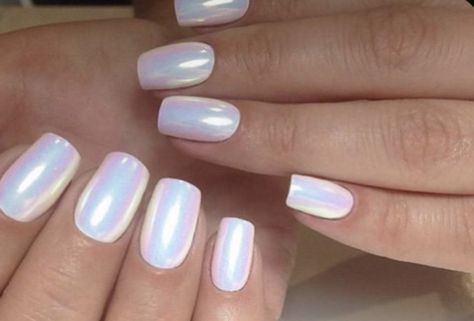 Opal Dipped Nails, Funky French Nail Ideas, White Opal Nails Acrylic, White Opal Nails, Glitter Square Nails, Chrome Spring Nails, Pearlescent Nails, White Chrome Nails, Shiny Nails Designs