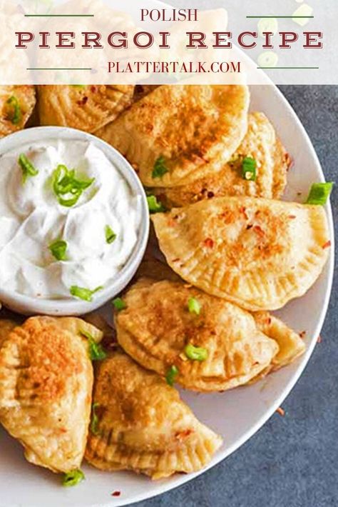 Homemade Polish Pierogi from Platter Talk is a filling meal that can be made ahead of time and frozen for later use. Try this easy dumplings recipe today! #plattertalk #meal #filling #pierogi #Polish #frozen Polish Dumplings, Polish Pierogi, Pierogi Recipe, Dumplings, Sour Cream, Dip, Bowl, Cream, White