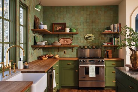 Historic Home Boasts a Soulful Spark - Midwest Home 1940 Kitchen, Midwest Home, California Bungalow, Green Kitchen Cabinets, Inspiring Interiors, Cow Design, Brown Cow, Mini Kitchen, Green Kitchen