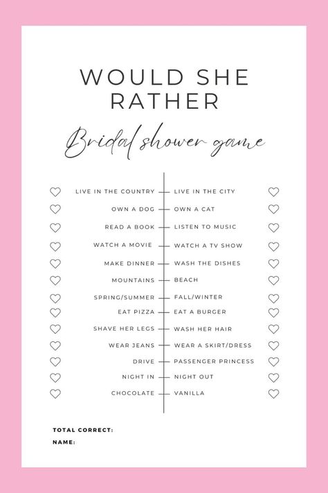 Bridal Ahower Games, Bridal Shower Games Free Printables, Who Knows The Couple Best, Bride Shower Games, Free Bridal Shower Games, Who Knows The Bride Best, Bridal Shower Bachelorette Party Ideas, Bridal Party Games, Would She Rather