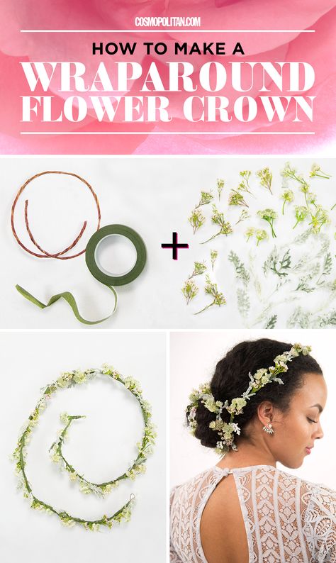 WRAPAROUND FLOWER CROWN: Create this gorgeous flower crown from flower crown designer Christy Doramus of Crowns by Christy with green flower tape, wintry flowers and branches, and moss covered wire. To create this style, measure out enough wire to wrap around your head twice and don't connect the ends. Instead, bend the ends of the wire to make a little loop so you can easily bobby pin this crown. Click through for full tutorial and pro tips! Fake Flower Accessories, How To Make A Flower Headband, Diy Flower Crown For Kids, How To Make A Flower Crown, Flower Crowns For Kids, Flower Crowns Diy, Make Your Own Flower Crown, Diy Flower Headband, Diy Flower Crowns