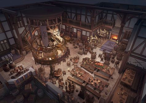 Fantasy Tavern Interior Design, Dnd Inn Art, Fantasy Gambling Den, Medieval Inn Interior, Belgariad Art, Medieval Inn Concept Art, Fantasy Inn Concept Art, Fantasy Tavern Interiors, Inn Fantasy Art