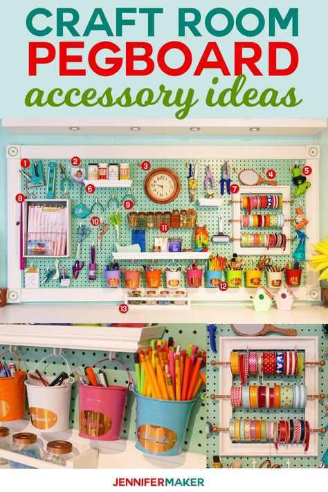 Craft Room Pegboard Accessory Ideas | #craftroom #diy #organization Craft Room Pegboard, Room Pegboard, Pegboard Craft Room, Pegboard Storage, Pegboard Organization, Pegboard Accessories, Dream Craft Room, Craft Room Design, Sewing Room Organization