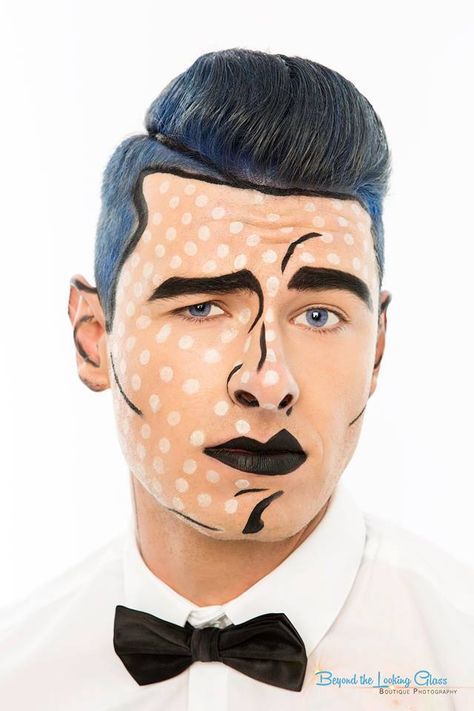 Pop Art Men Makeup, Mens Pop Art Makeup, Pop Comic Makeup, Picasso Makeup Faces, Surreal Makeup Looks, Comic Makeup Pop Art, Comics Makeup Pop Art, Pop Art Face Paint, Pop Art Makeup Ideas