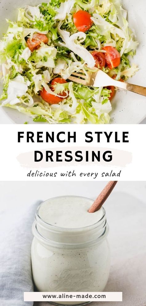 A creamy homemade french dressing which can be used for every kind of salad. Make this easy and simple white dressing recipe at home and always have fresh salad sauce at hand. It's made in a few minutes and can be stored up to one week in your fridge. Creamy, delicious, and super easy to make. #french #dressing #recipe #homemade #creamy #white #salad #simple #easy White French Dressing Recipe, Tofu Salad Dressing, Yogurt Salad Dressing, Raspberry Salad Dressing, Tomato Salad Dressing, Vegan Salad Dressing Recipes, Yogurt Salad, Salad With Balsamic Dressing, Vegan Caesar