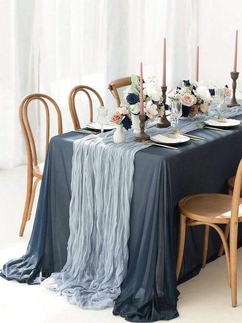 Blue  Collar  Polyester   Embellished   Event & Party Supplies Round Dining Table Centerpiece, Cheese Cloth Table Runner, Grey Wedding Decor, Blue Table Settings, Cloth Table Runner, Round Table Decor, Birthday Table Decorations, Dining Room Table Centerpieces, Table Centerpiece Decorations