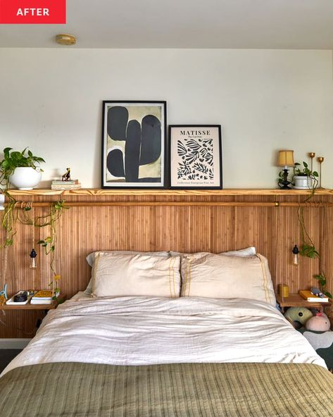 A Boho Bedroom Redo Only Cost $250 — And Looks Way Different | Apartment Therapy Headboard Upcycle, No Headboard Ideas, Headboard Hack, Hanging Headboard, Shelf Above Bed, Diy Bed Headboard, Spavaća Soba, Headboard With Shelves, Bed Shelves