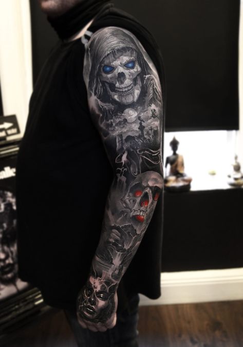 Reaper Sleeve Tattoo, Dark Tattoo Sleeve Men, Skull Themed Tattoo Sleeve, Grim Reaper Sleeve Tattoo, Skull Sleeve Tattoos For Guys, Grim Reaper Tattoo Designs, Dark Sleeve Tattoo Men, Skull Tattoo Sleeve, Graveyard Back Tattoo