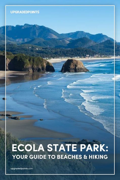 A stunning coastal view from Ecola State Park, featuring a long stretch of sandy beach bordered by rocky cliffs, with waves gently rolling in from the blue ocean. Forested hills and distant mountains complete the scenic landscape. Ecola State Park, Tide Pools, G Adventures, Beautiful Park, State Park, Travel Ideas, State Parks, Places To Travel, Travel Inspiration