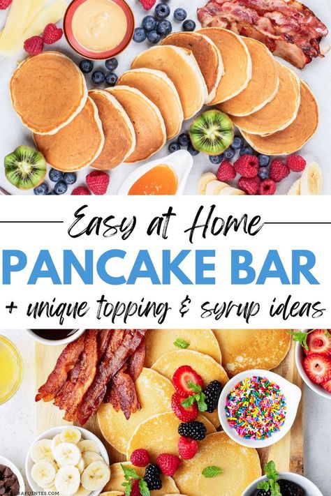 easy at home pancake bar for brunch Pancakes Brunch Ideas, Pancake Waffle Bar, Simple Breakfast Bar Ideas, Breakfast Birthday Party For Adults, Brunch Ideas For Work Party, Pancake And Waffle Bar, How To Host A Brunch Party, Hot Breakfast Buffet Ideas, Brunch Bday Party Ideas