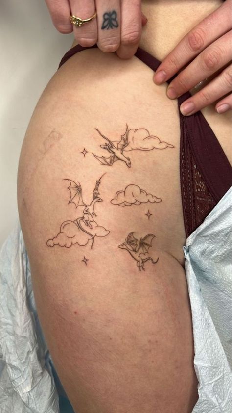 Tattoo Of Three Things, Whimsicle Tattoo, Weather Tattoo Ideas, Whimsical Tattoo Ideas, Correlating Tattoos, Slow Down Your Doing Fine Tattoo, Coller Bone Tattoos Women, Dreamy Tattoo Ideas, Tattoos Whimsical