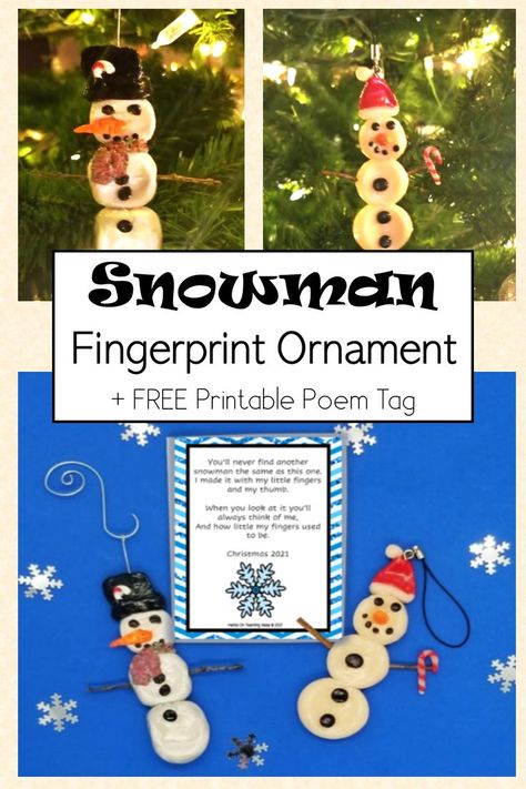 There are 2 fingerprint snowmen shown on a tree.  The same two snowmen are shown at the bottom as well beside a printable poem that is also included. Fingerprint Christmas, Christmas Stem Activities, Snowman Crafts Diy, Free Printable Gifts, Winter Activities For Kids, Snowman Gifts, Christmas Activities For Kids, Creative Arts And Crafts, Snowman Ornament