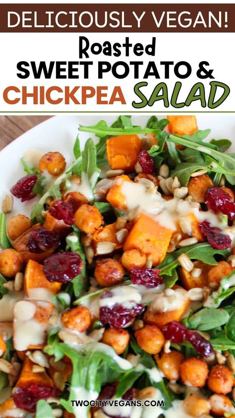 Create this filling vegan salad with roasted sweet potatoes and chickpeas. Rich in plant-based protein and fiber. Get the recipe for a satisfying meal. Filling Vegan Salads, Sweet Potato Chickpea Salad, Vegan Thanksgiving Dishes, Vegan Chicken Nuggets, Potato Chickpea, Thanksgiving Dish, Roasted Sweet Potato, Vegan Thanksgiving Recipes, Salad Healthy