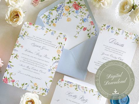 Vintage Garden Wedding Invitations, Wildflower Border, Canva Text, Wildflower Theme, Pastel Wedding Invitations, Wildflower Wedding Invitations, Watercolor Wedding Invitation, Spring Wedding Invitations, Garden Wedding Invitations