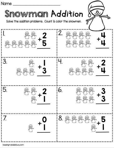 Snowman addition - count and color the snowmen - perfect for kindergarten and first grade Beginning Addition Kindergarten, Picture Addition Worksheets Kindergarten, School Diy Ideas, Kindergarten Addition, Addition Worksheet, Kindergarten Math Free, Teaching Addition, Kindergarten Addition Worksheets, Addition Kindergarten