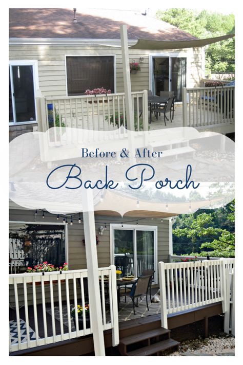 Back porch makeover - before and after #OutdoorLiving #Painting #landscaping Porch Before And After Renovation, Exterior Renovation Before And After, Exterior Remodel Before And After, Back Porch Makeover, Exterior Siding Options, Exterior Paint Schemes, Best Exterior Paint, Porch Remodel, Makeover Before And After